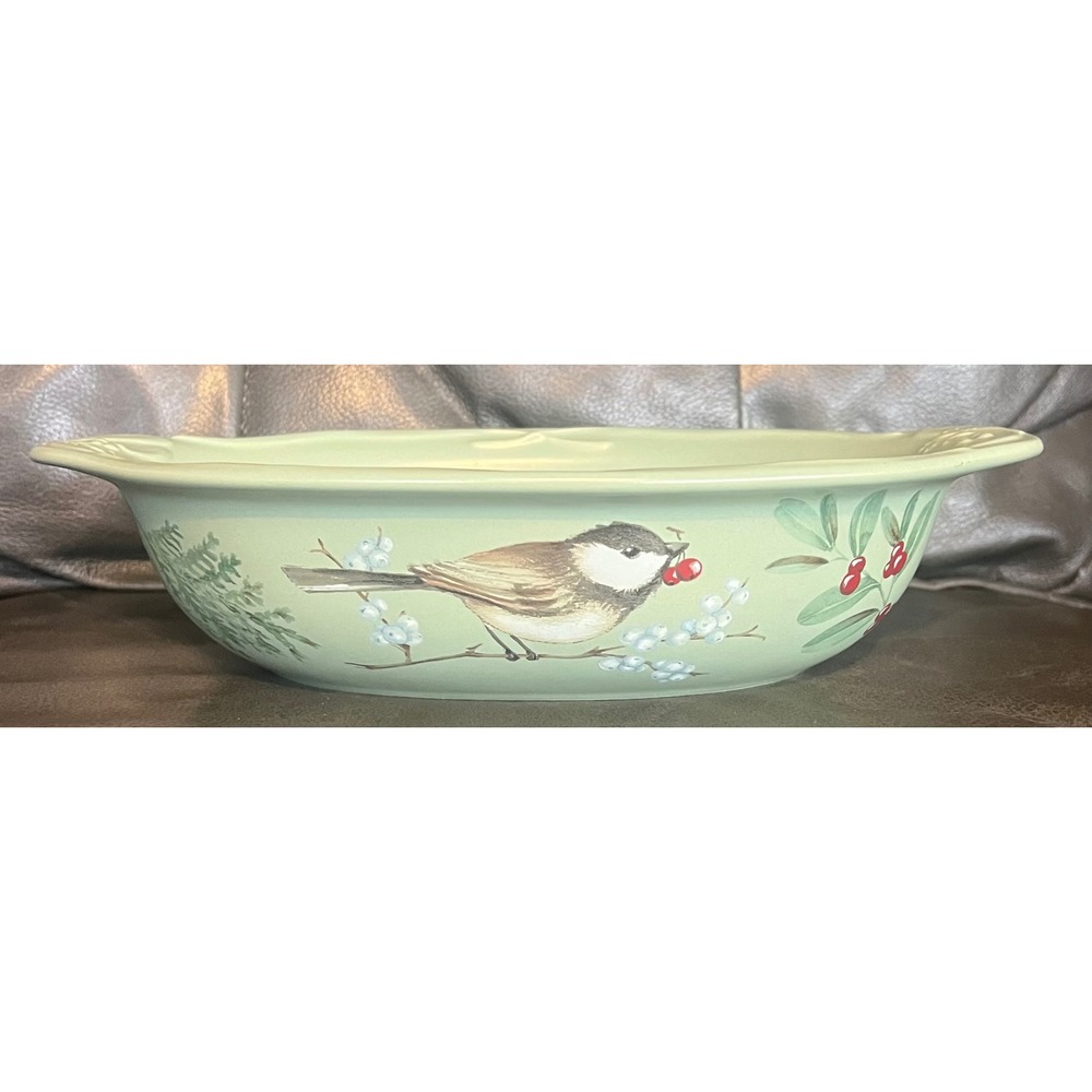 Pfaltzgraff Winterwood Oval Vegetable Serving Bowl Chickadee Bird Sage Green USA